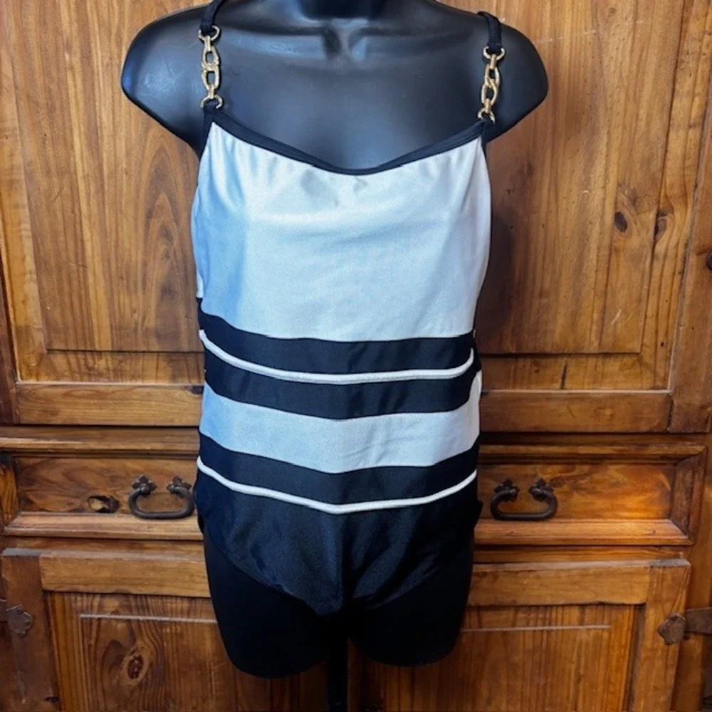 Crossing Pointe Womens One Piece Swimsuit Black White Gold Chain Straps Size 12